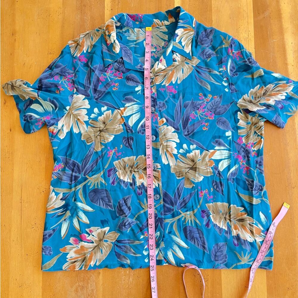 Vintage Colorful Women's Hawaiian Shirt Short Sleeve Teal Blue Aqua Floral XL - Picture 8 of 9